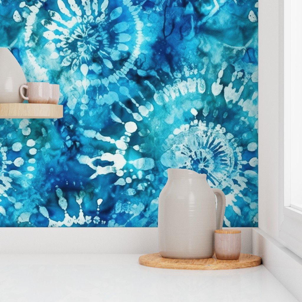 Jumbo Tie Dye Batik in Bright Blue Circling Swirls on Teal Wallpaper tie dye wallpaper