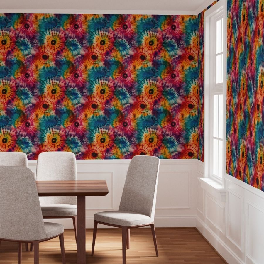 Jumbo Tie Dye Batik in Bright Multi Rainbow Colors Circling Swirls Interior Collection Home Styling Collection ethnic dye wallpaper