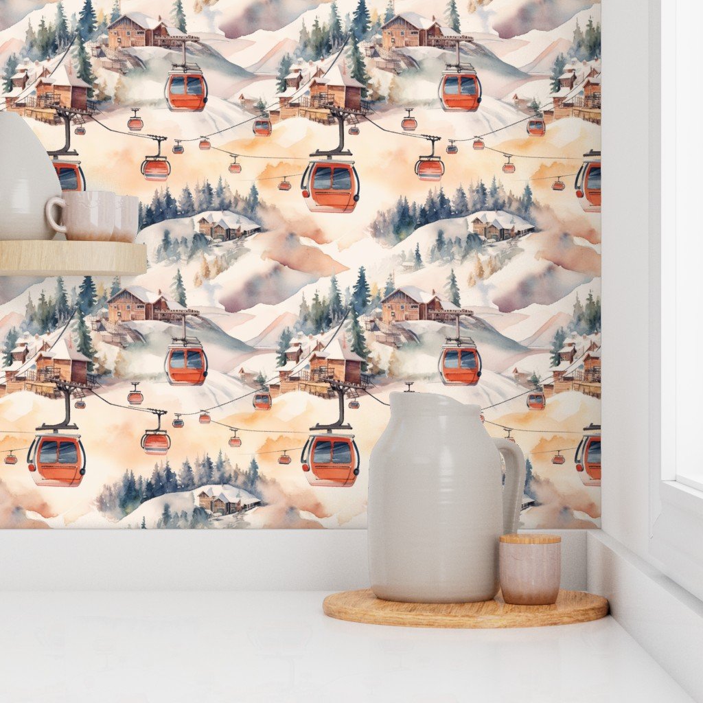 Vintage Ski Slope Cabins in Soft Pastels Wallpaper skiing slope wallpaper