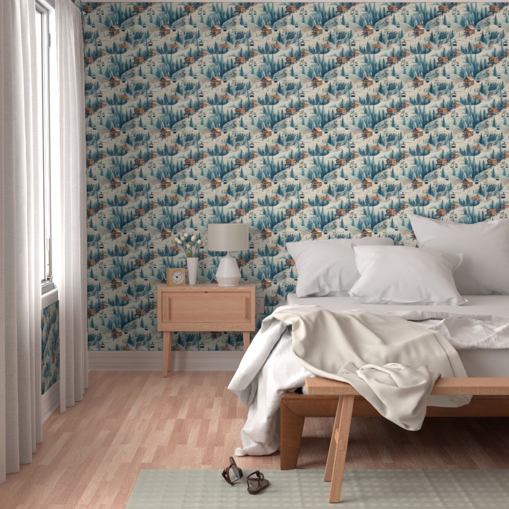 Vintage Ski Slope Cabins in Blue Woods Wallpaper vintage print wallpaper