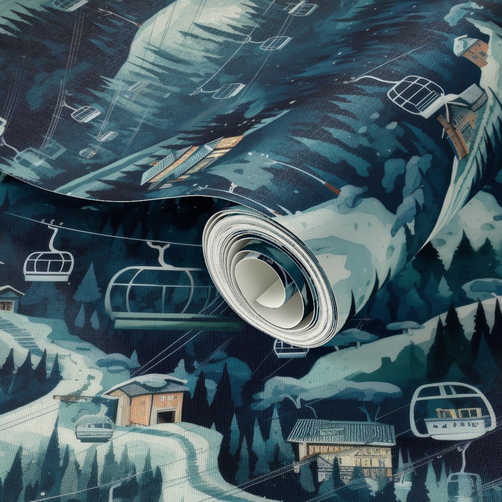 Vintage Ski Slope Cabins in Night Woods Blue Wallpaper vintage print wallpaper