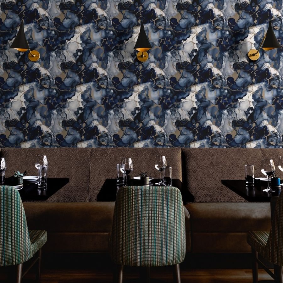 Twilight Navy Blue and Grey with Antique Gold Alcohol Ink Liquid Wallpaper twilight swirls wallpaper