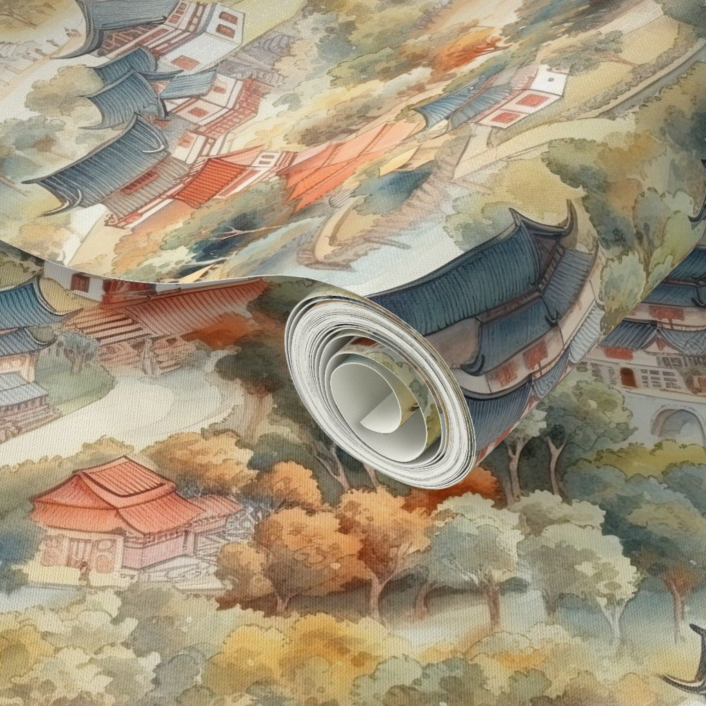 Small Chinese Village in Forest Watercolor Wallpaper ancient china wallpaper