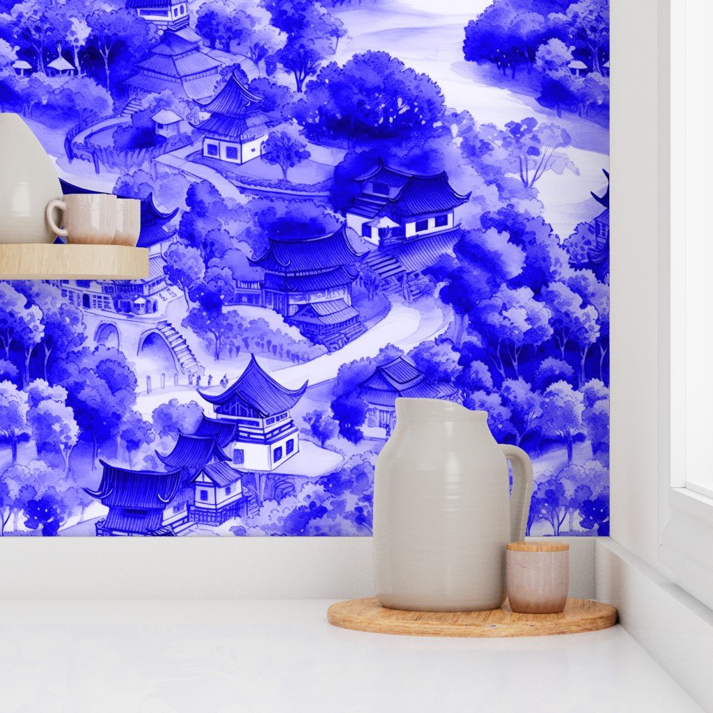 Small Chinese Village in Royal Blue Porcelain Glaze Wallpaper royal blue wallpaper