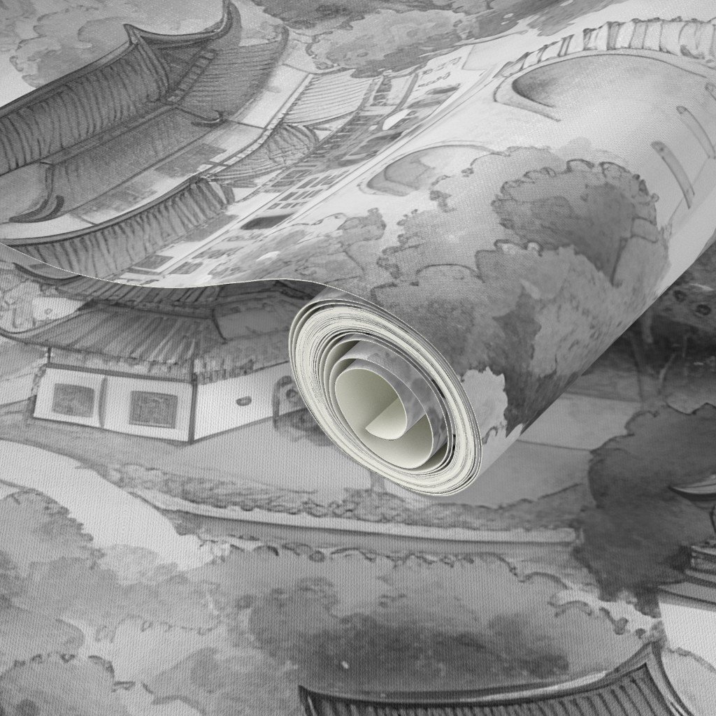 Small Chinese Village in Grey Porcelain Glaze Wallpaper grey porcelain wallpaper