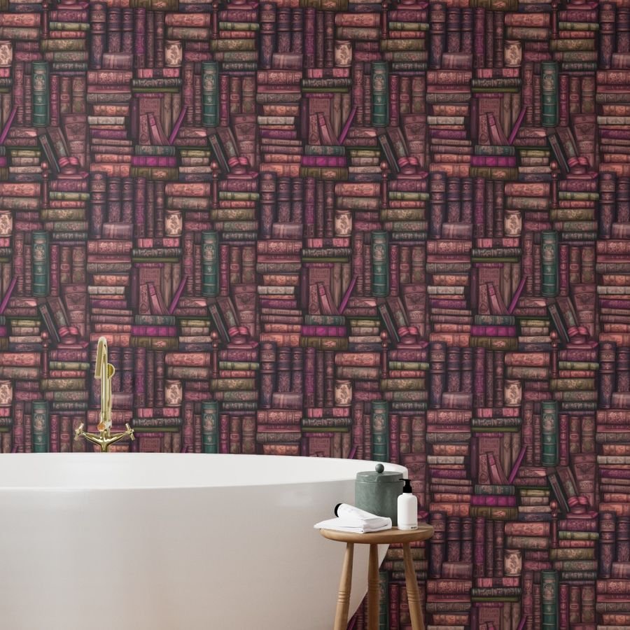 Pink Stacked Bound Vintage Books on Library Book Shelf Wallpaper stacked books wallpaper