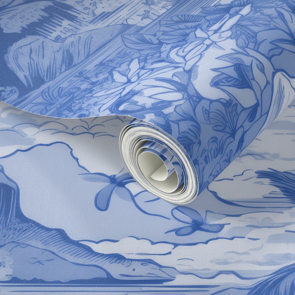 Vintage Hawaiian Landscape in Light Blue Porcelain Glaze Wallpaper tropical landscape wallpaper