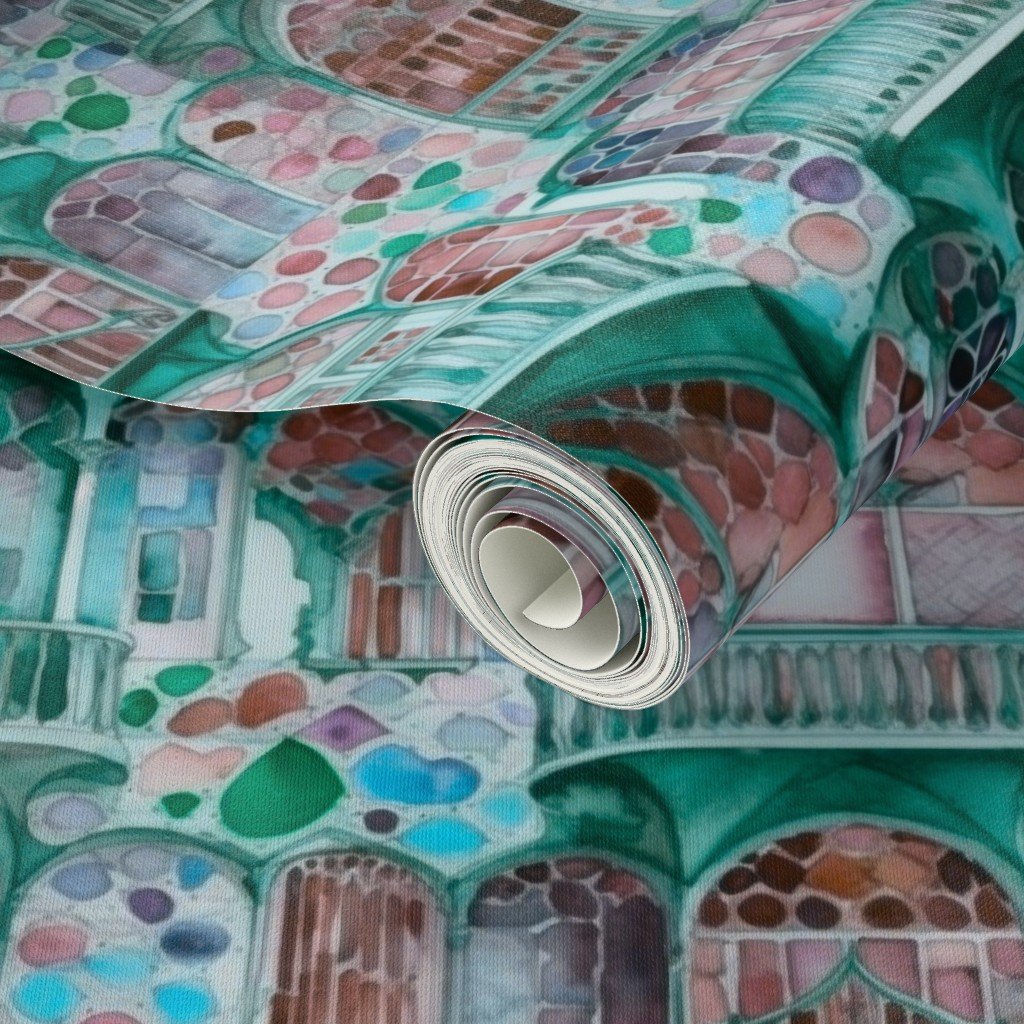 Barcelona House Architectural Detail in Windows Columns Arches and Wallpaper colorful pattern wallpaper