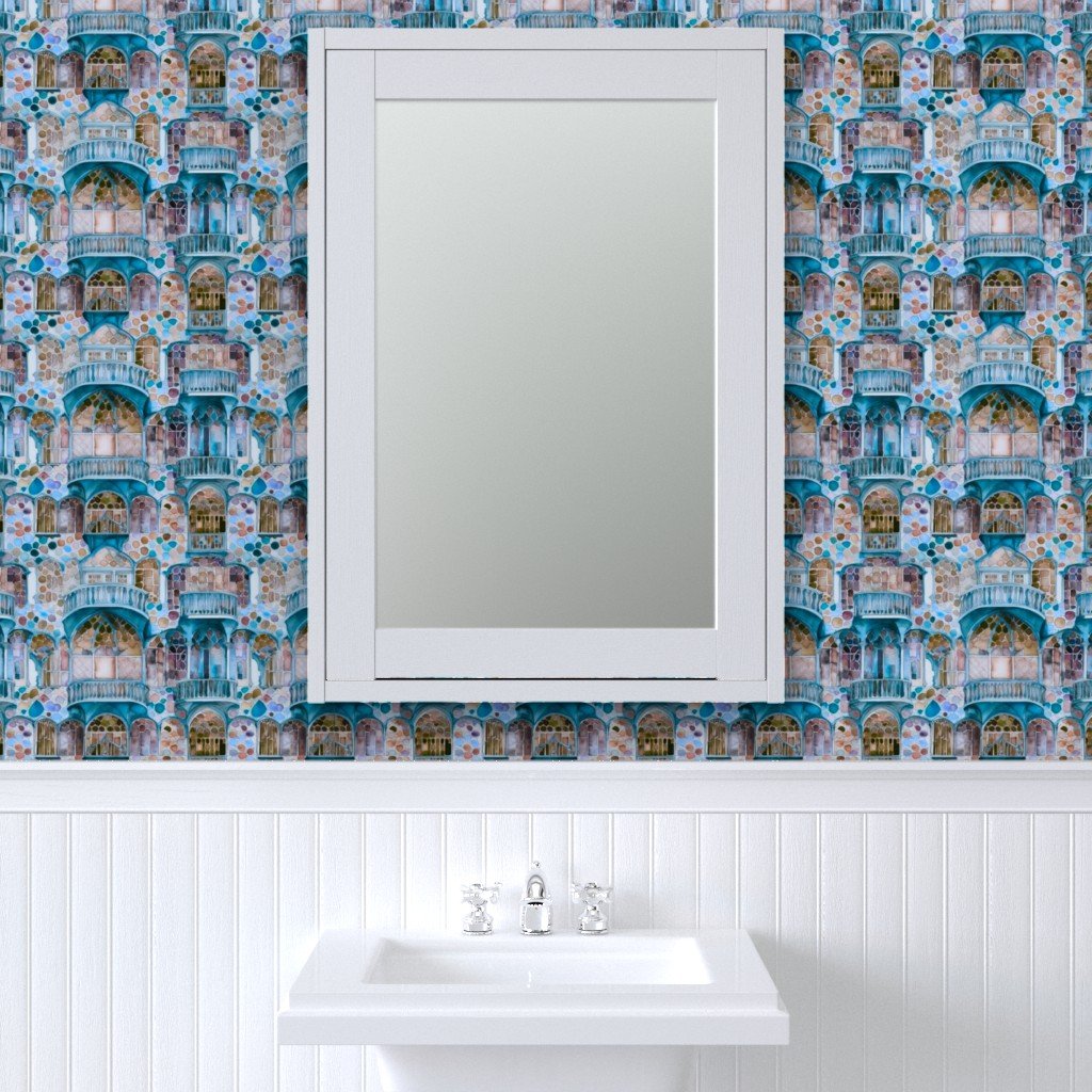 Barcelona House Architectural Detail in Windows Columns Arches and Wallpaper colorful pattern wallpaper