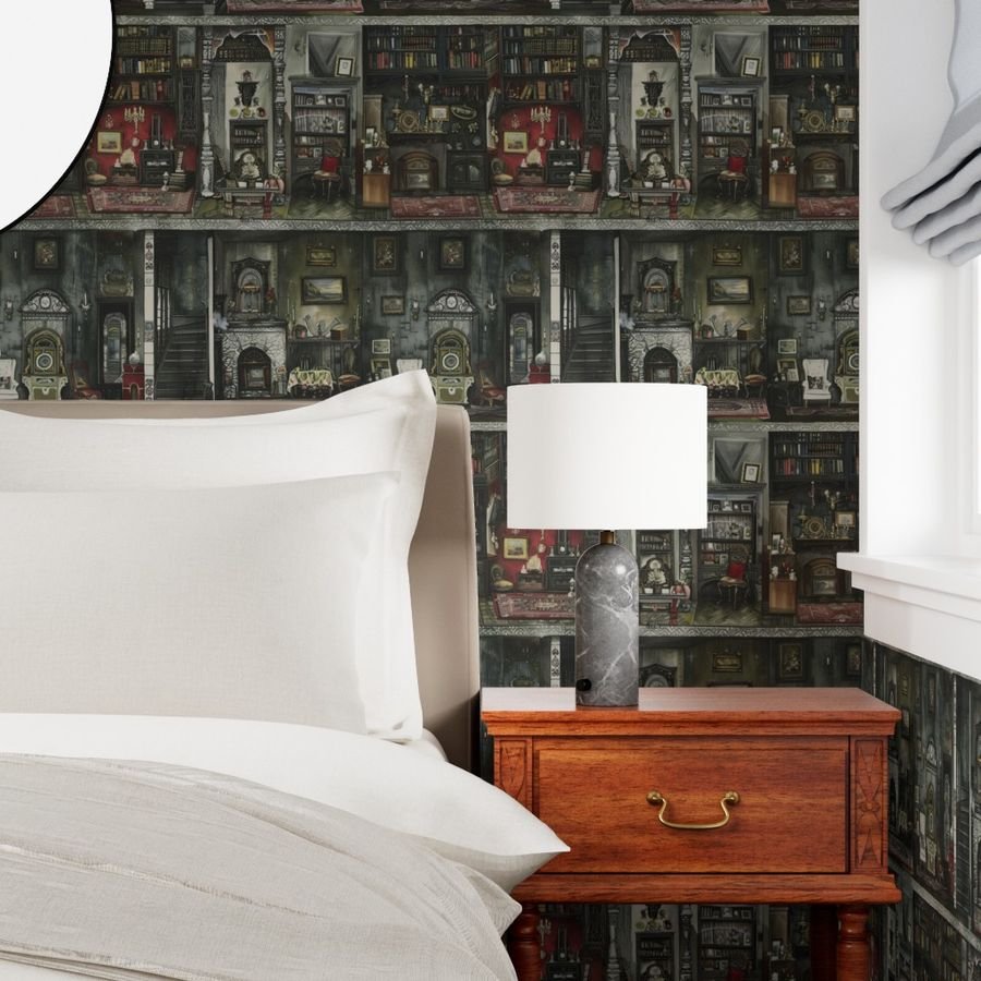 Victorian Gothic Dollshouse with Dark Academia Watercolor Decor 1 Wallpaper gothic rooms wallpaper