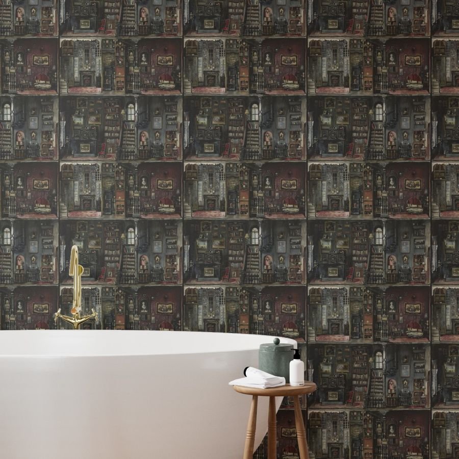 Victorian Gothic Dollshouse with Dark Academia Watercolor Decor 2 Wallpaper gothic rooms wallpaper