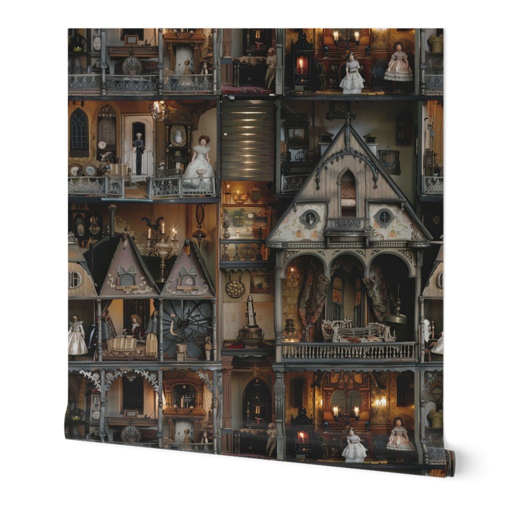 Victorian Gothic Haunted Dollshouse with Dolls in Dark Academia Wallpaper gothic dollhouse wallpaper