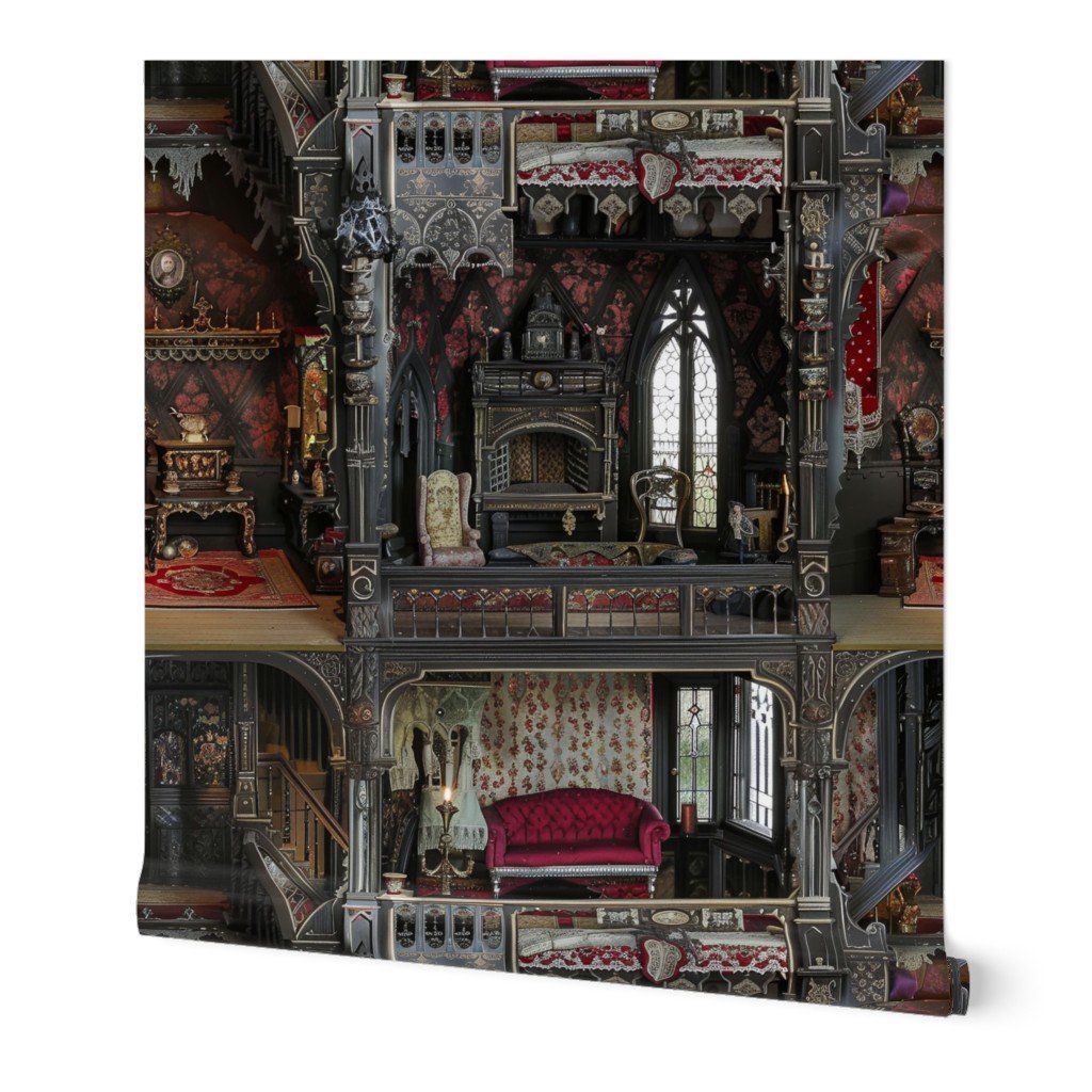 Victorian Gothic Haunted Dollshouse with Dolls in Dark Academia Wallpaper gothic dollhouse wallpaper