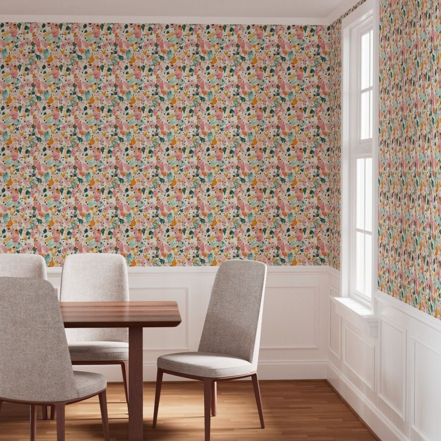 Orange Rose and Aqua Watercolor Terrazzo Splashes Wallpaper watercolor tile wallpaper