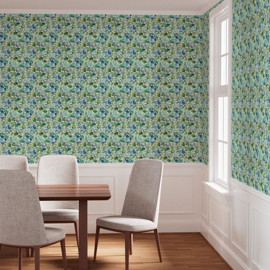 Blue and Green Shards of Tumbled and Scattered Watercolor Seaglass Wallpaper seaglass repeat wallpaper