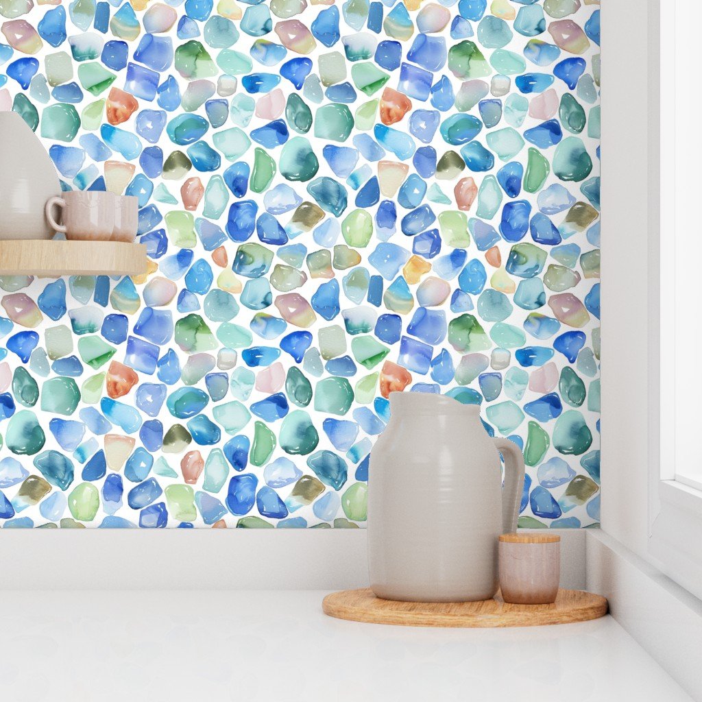 Blue Toned Shards of Tumbled and Scattered Watercolor Seaglass Wallpaper seaglass repeat wallpaper