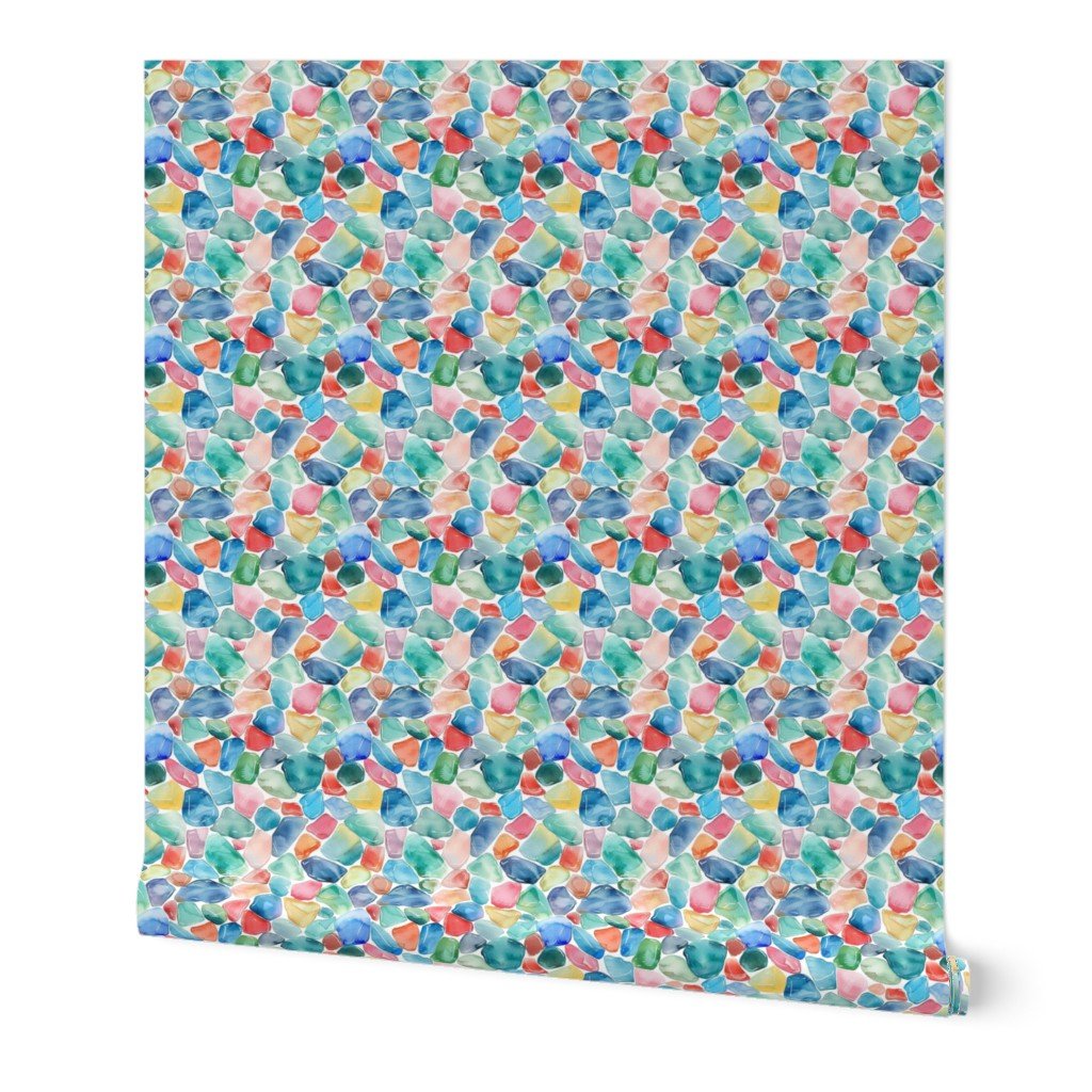 Blue and Multicolor Shards of Tumbled and Scattered Watercolor Wallpaper seaglass tile wallpaper