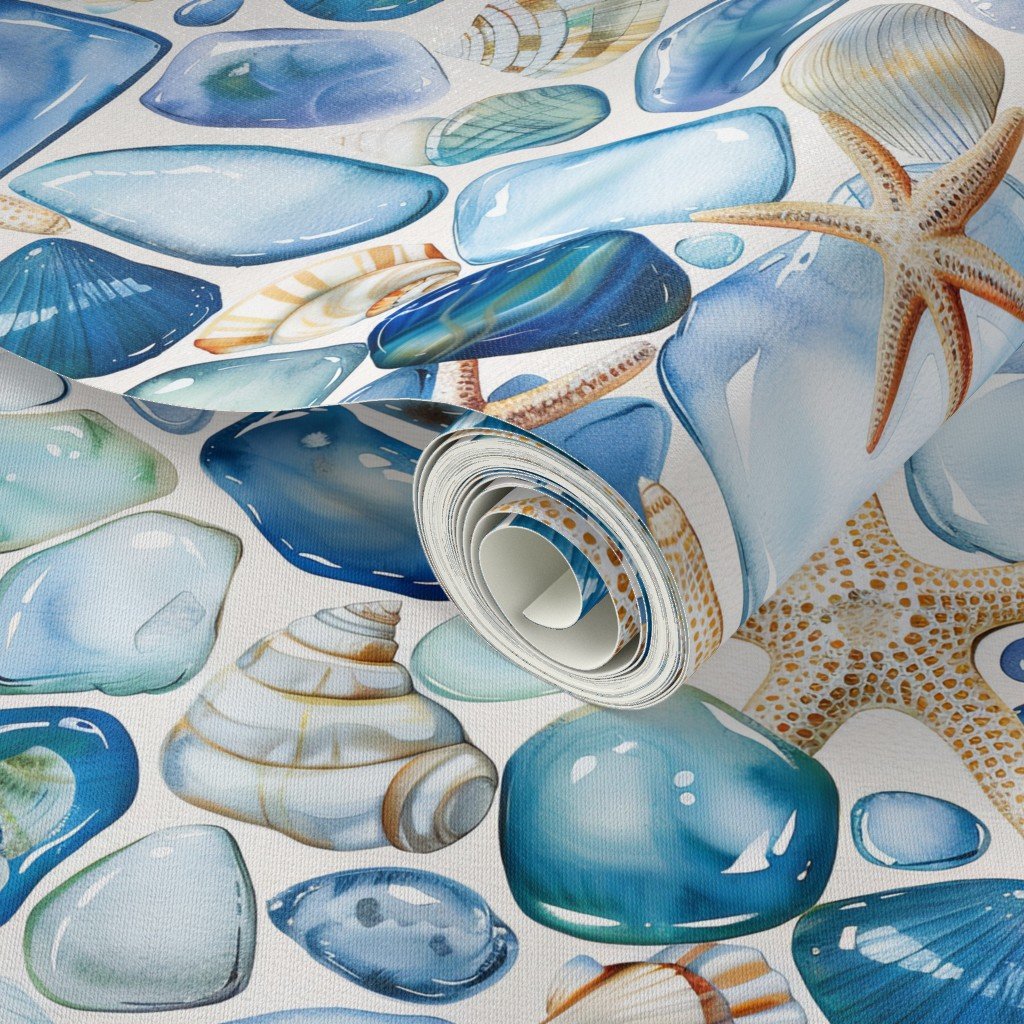 Blue and Sand Seashells and Shards of Tumbled and Scattered Wallpaper shell tile wallpaper