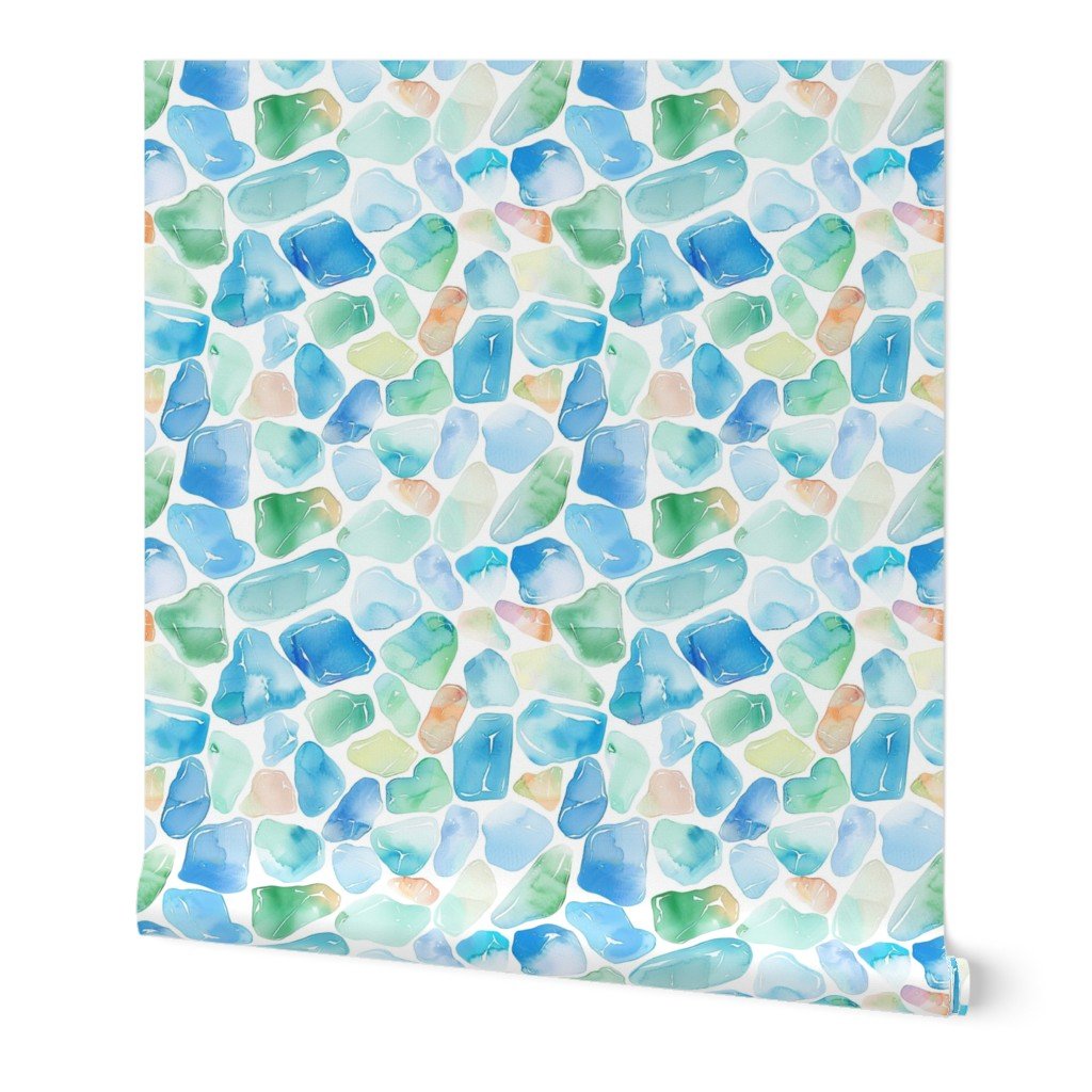 Blue and Green Shards of Tumbled and Scattered Watercolor Seaglass Wallpaper seaglass tile wallpaper