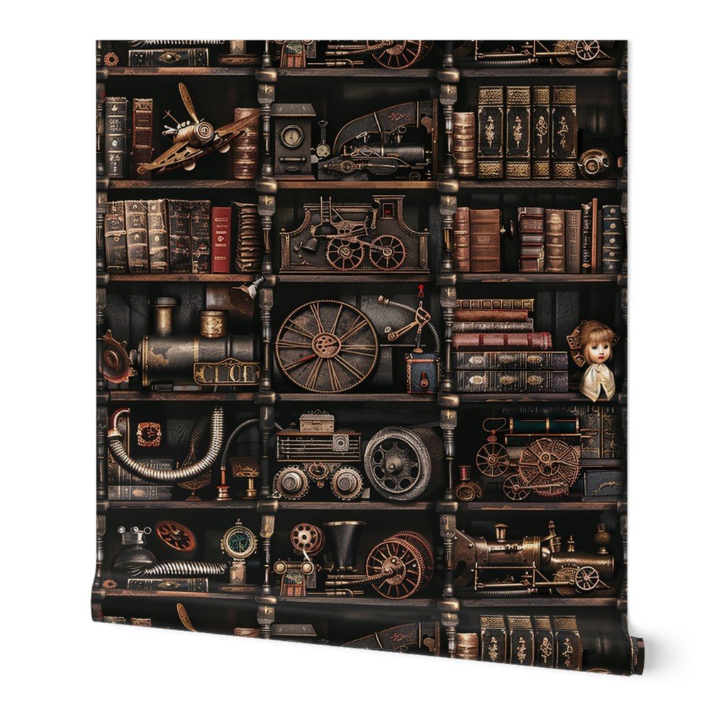 Steampunk Vintage Bookcase Gears Pipes and Antique Treasures Wallpaper dark tones wallpaper