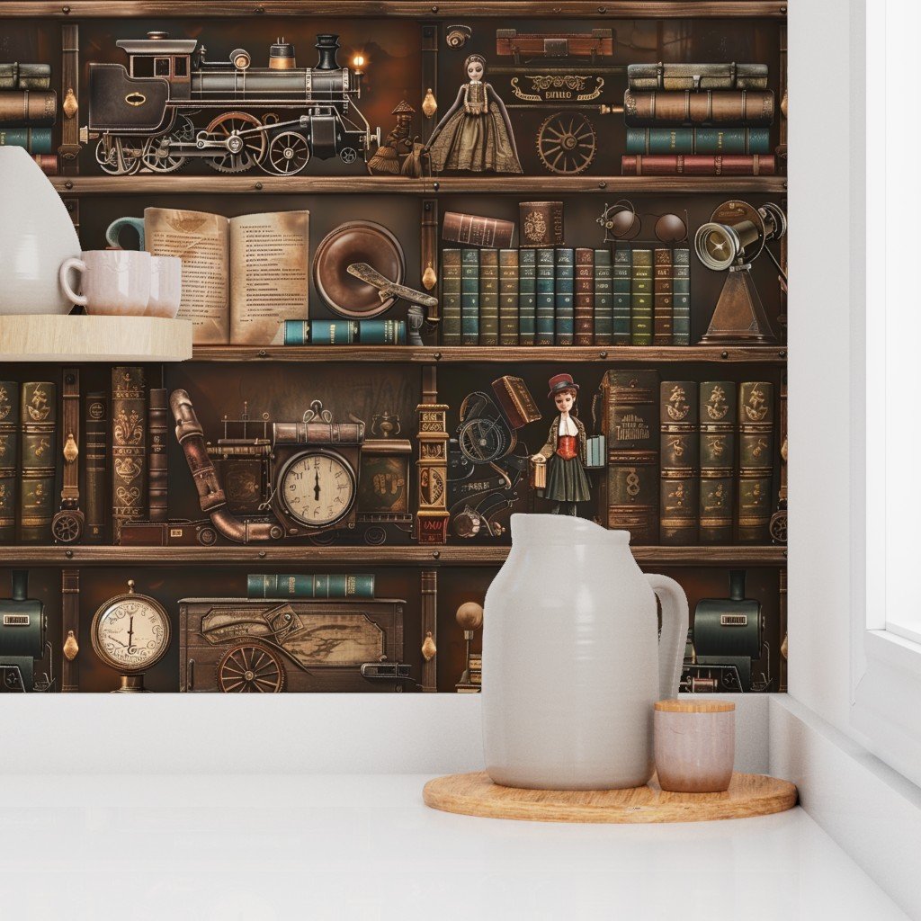 Vintage Steampunk Bookcase with Antique Trains and Books Wallpaper rich wood wallpaper