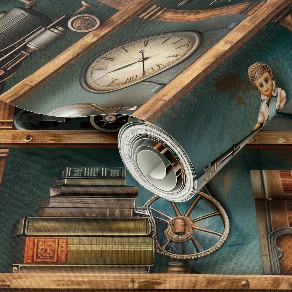 Vintage Steampunk Bookcase with Trains Gears and Clocks Wallpaper weathered wood wallpaper