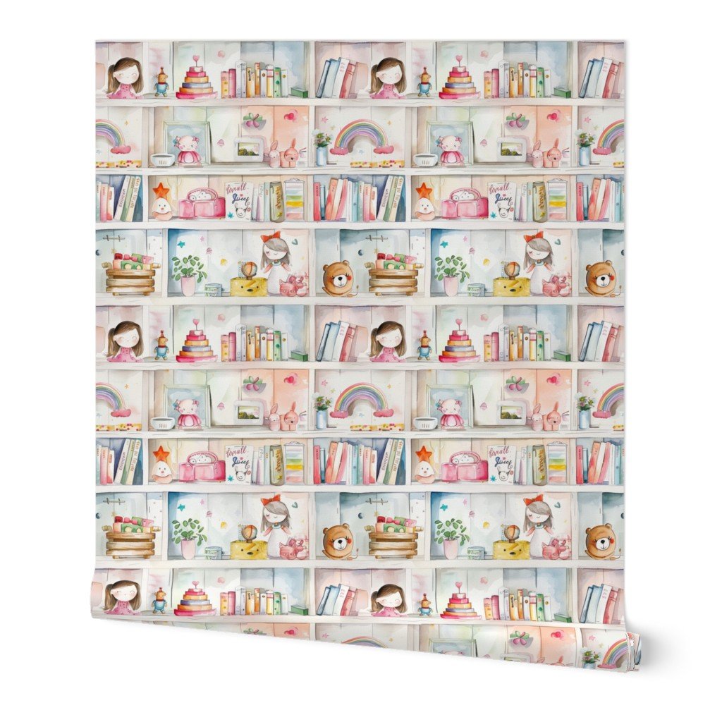 Pastel Bookcase with Girl