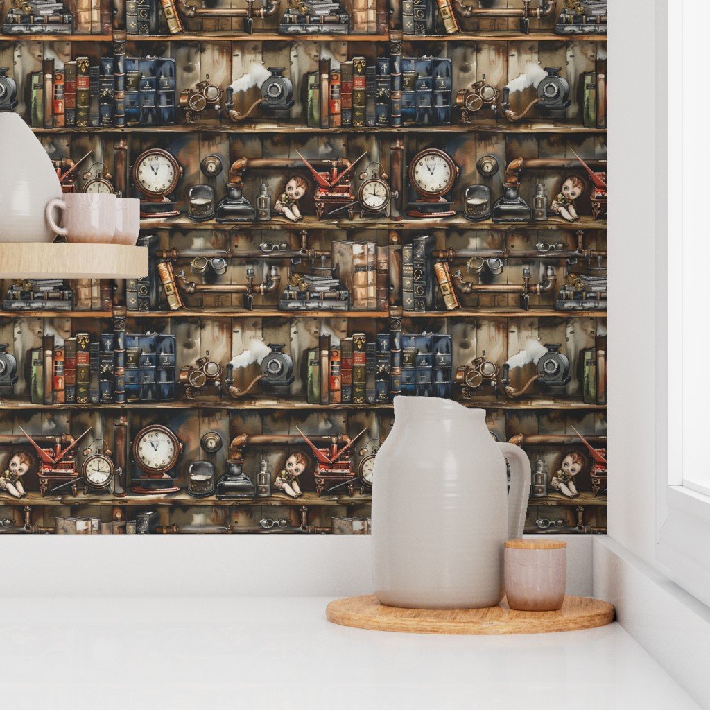 Vintage Steampunk Bookcase with Pipes Hoses and Gears in Watercolor Wallpaper bookcase wallpaper
