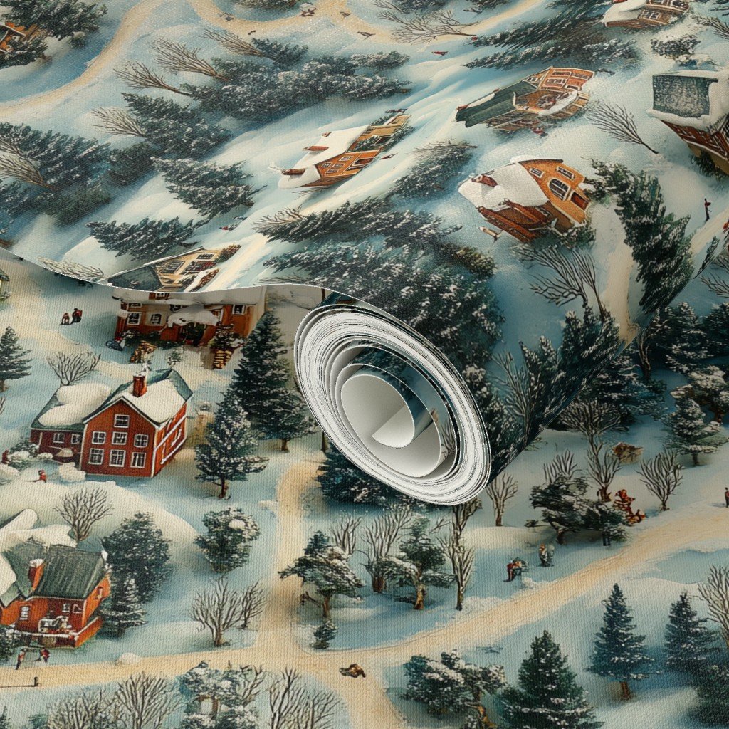 Whimsical Watercolor Christmas Village Wallpaper snowy landscape wallpaper