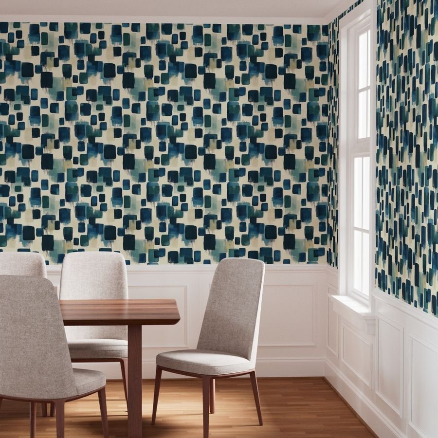 Large Abstract Brushstroke City Blocks in Deep Blue and Teal Wallpaper city block wallpaper
