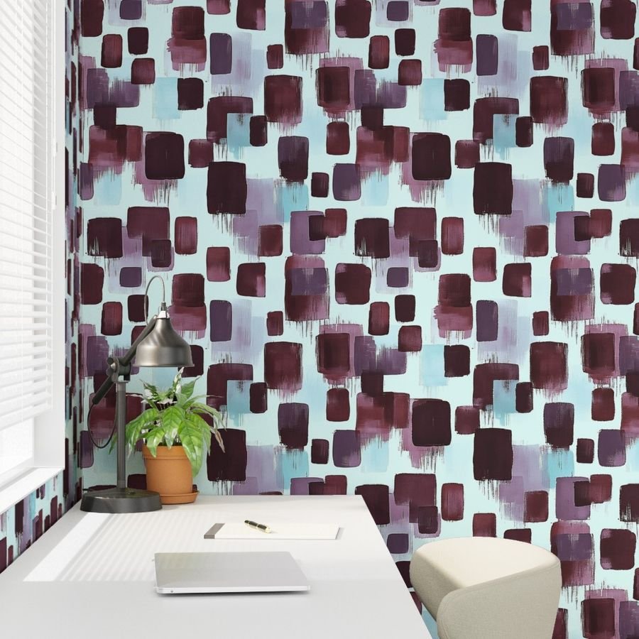 Large Abstract Brushstroke Blocks in Burgundy Lavender and Soft Mint Wallpaper abstract wallpaper