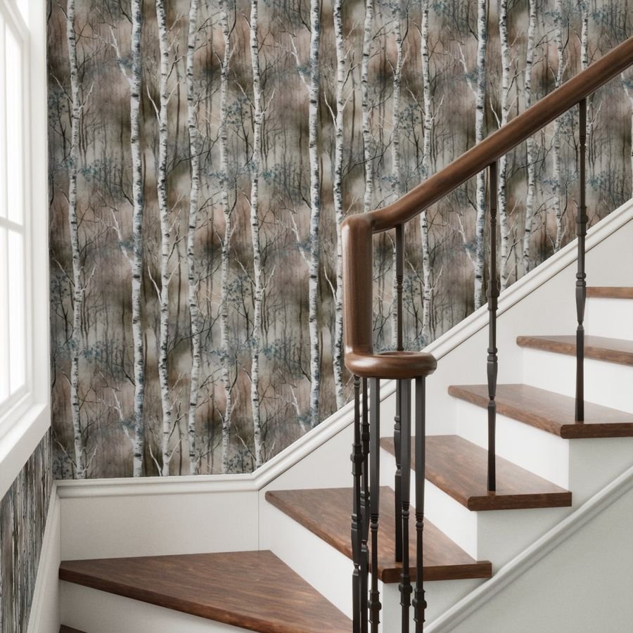 Endless Silver Birch Tree Dreamscape in Misty Taupe and Slate Blue Wallpaper birch wallpaper