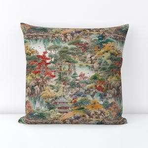 Small Japanese Water Garden Watercolor with Temples Home Styling Collection Design Collection orange trees throw pillow design