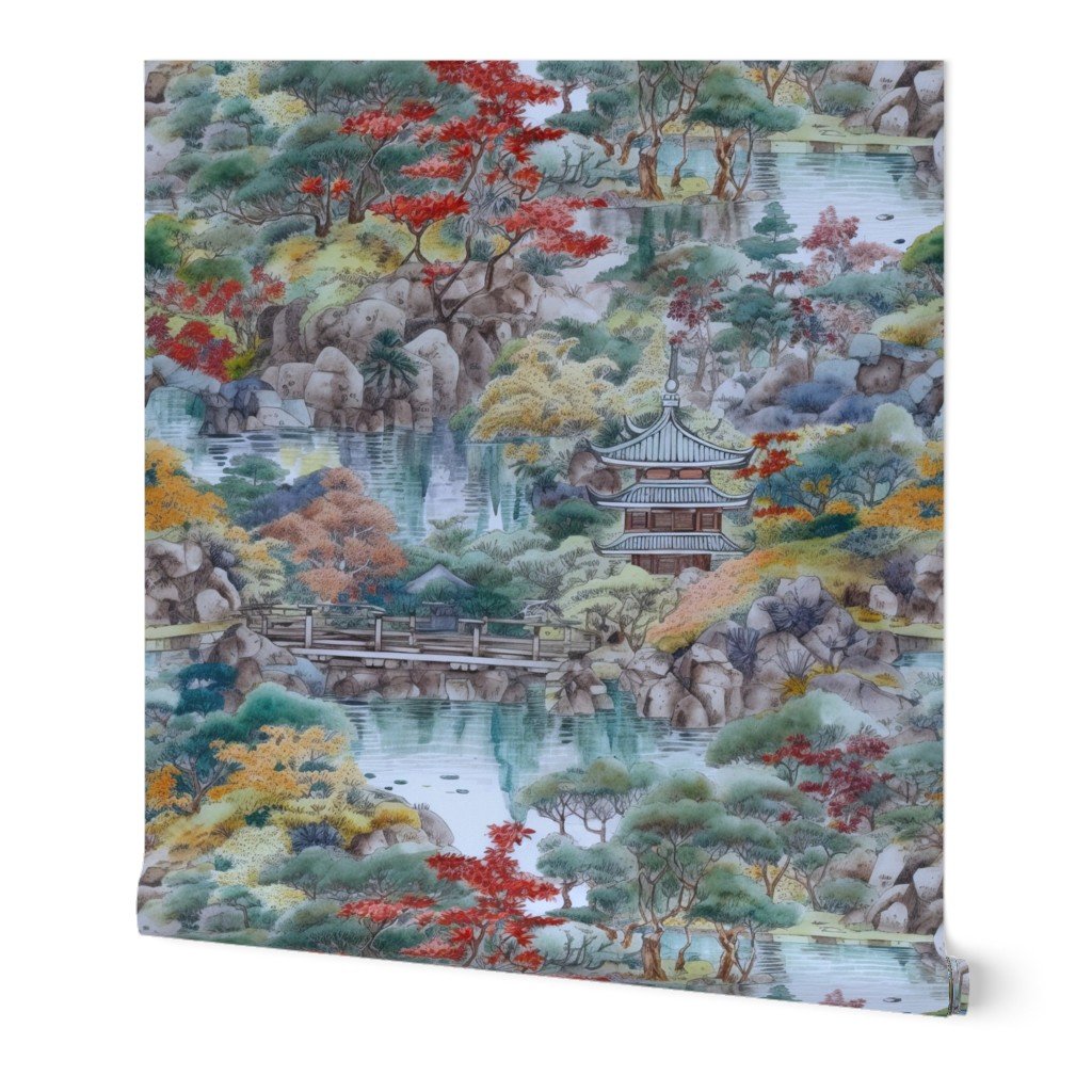 Japanese Autumn Water Garden Watercolor with Temples in Soft Blue and Wallpaper soft blue wallpaper