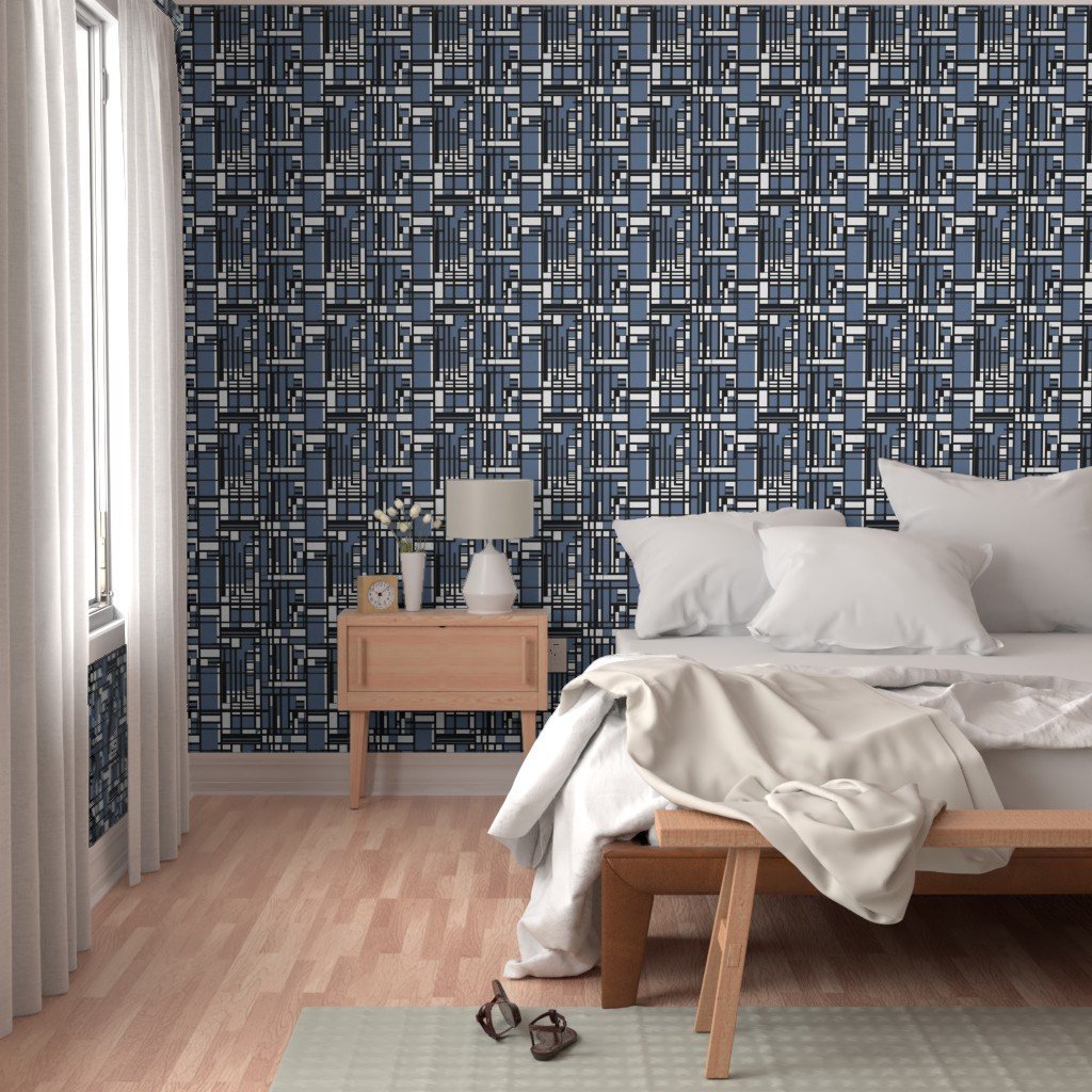 Slate Blue Modernist City Blocks Geometric Pattern Wallpaper modern grid wallpaper