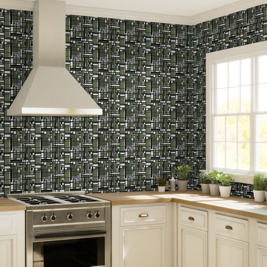 Sage Green Modernist City Blocks Geometric Pattern Wallpaper modern grid wallpaper