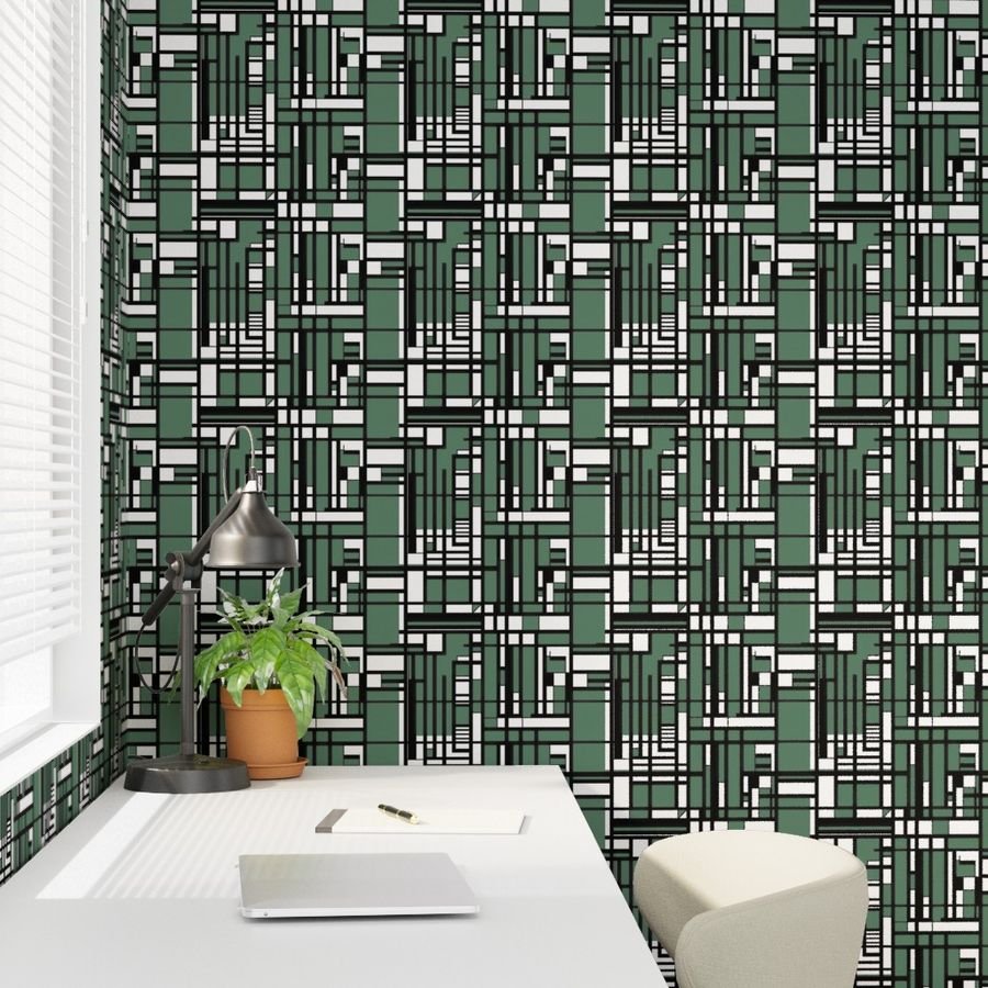 Eucalyptus Green Modernist City Blocks Geometric Pattern Wallpaper linear design wallpaper