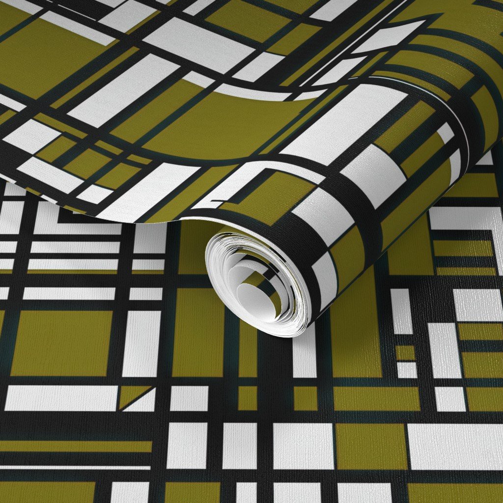 Olive Green Modernist City Blocks Geometric Pattern Wallpaper modern grid wallpaper