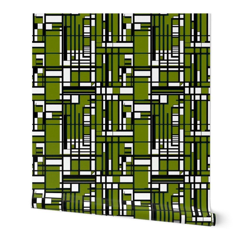 Moss Green Modernist City Blocks Geometric Pattern Wallpaper modern grid wallpaper