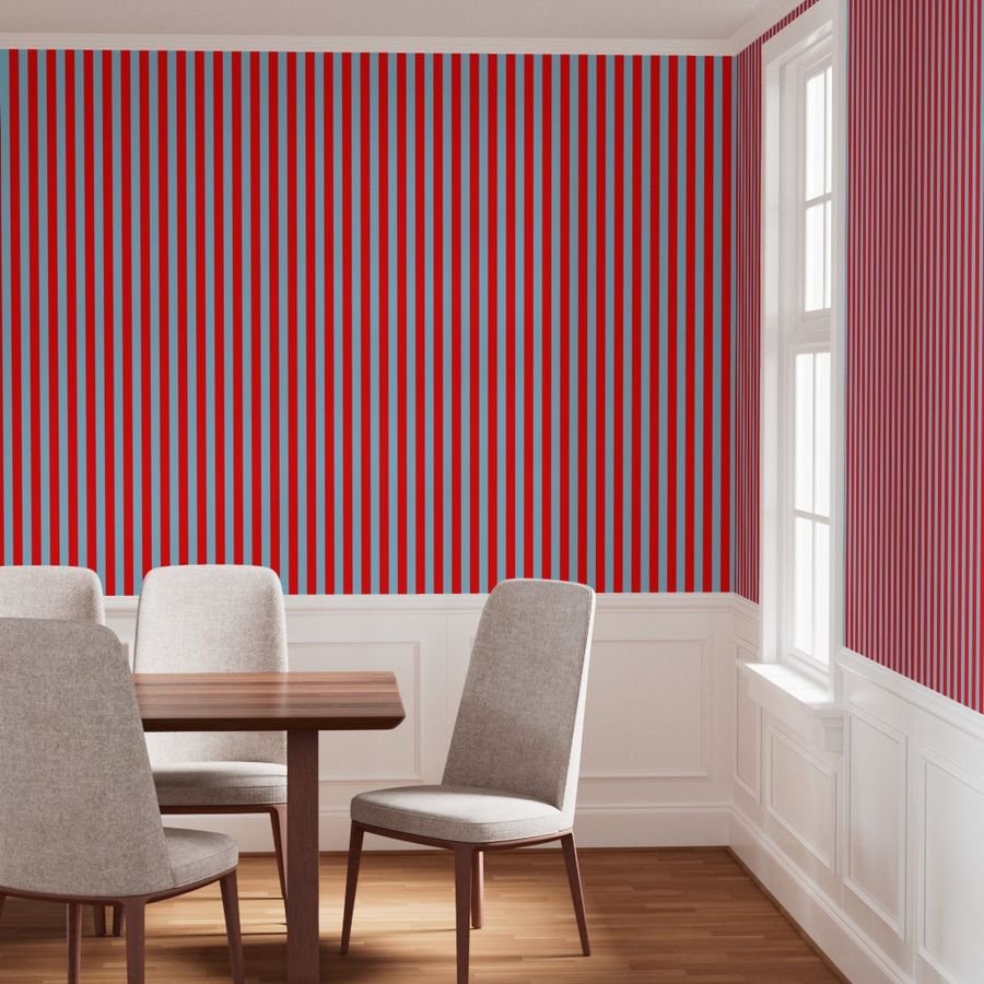 Bold Coastal Classic Red and Sky Blue Cabana Tent Stripe Wallpaper sky blue wallpaper