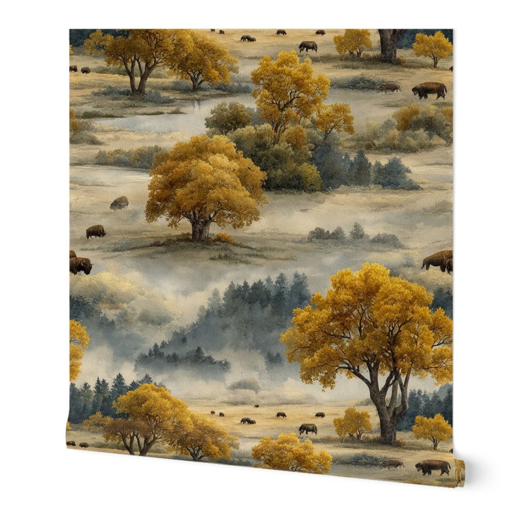 Yellowstone National Park Autumn Watercolor Bison Landscape Wallpaper bison wallpaper