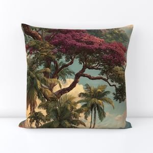 Vintage Hawaiian Watercolor Landscape with Misty Mountains and Palms Decor Collection Home Styling Collection exotic throw pillow design