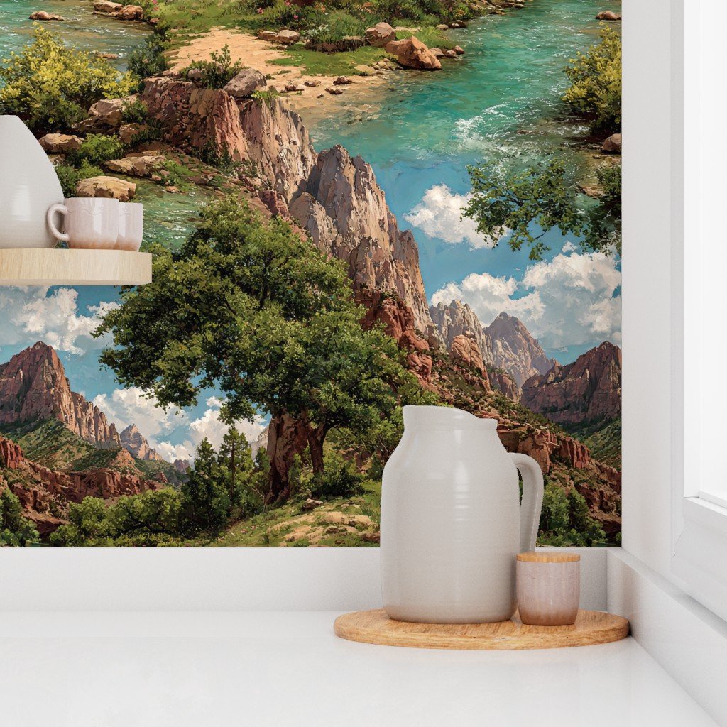 Spring Panorama of Zion Canyon Watercolor Landscape Wallpaper canyon wallpaper
