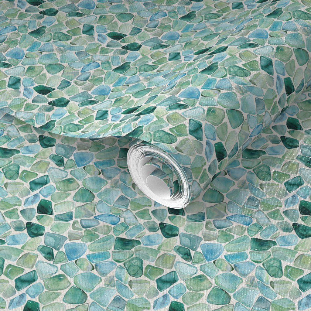 Mini Blue and Aqua Watercolor Sea Glass Shards Pattern Wallpaper sea glass wallpaper