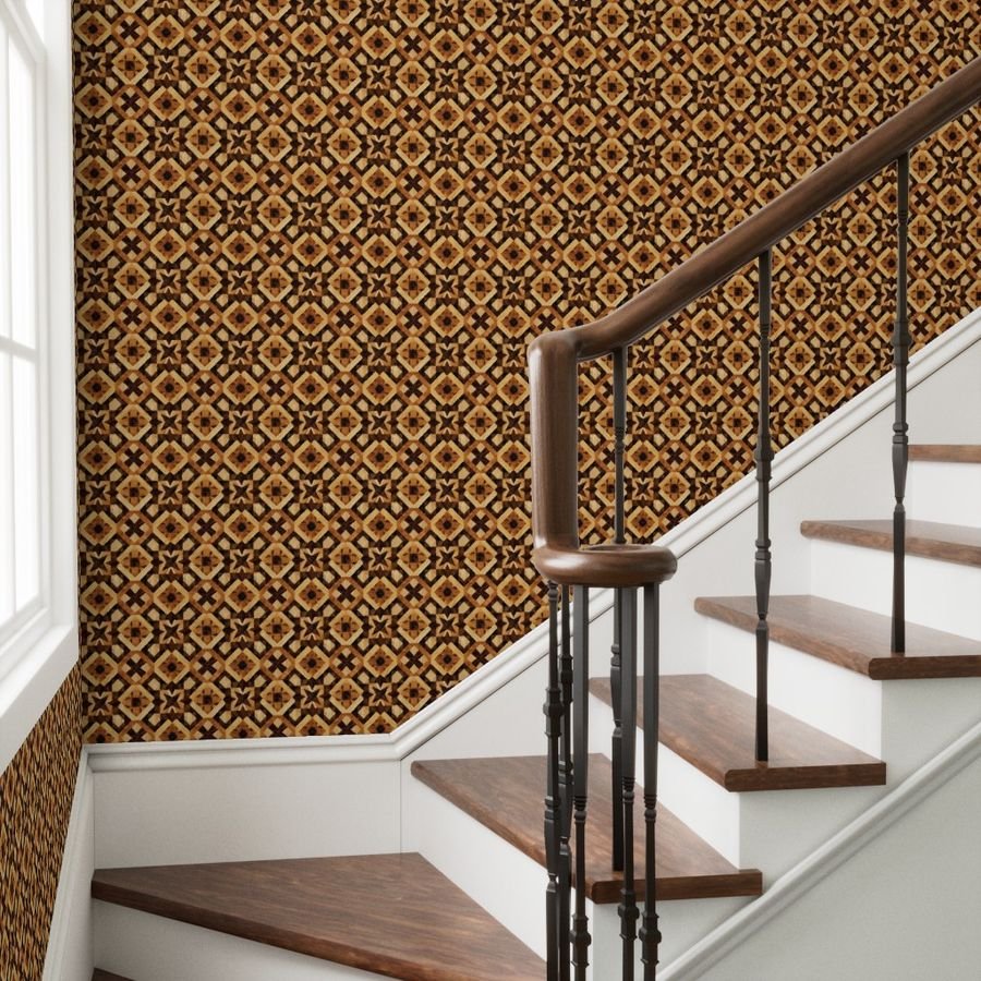 Small Geometric Marquetry Wood Inlay Pattern in Warm Natural Tones Wallpaper warm tones wallpaper