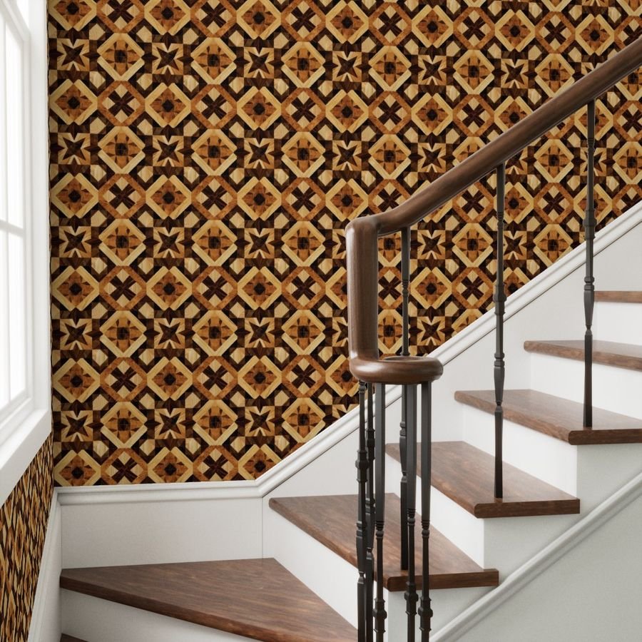 Geometric Marquetry Wood Inlay Pattern in Warm Natural Tones Wallpaper warm tones wallpaper