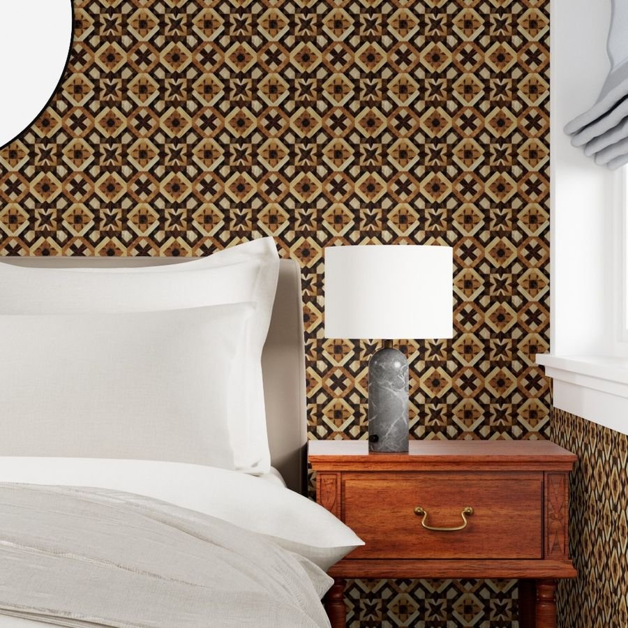 Small Geometric Marquetry Wood Inlay Pattern in Rich Dark Wood Tones Wallpaper rich tones wallpaper
