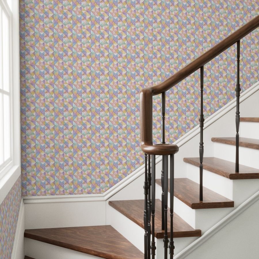 Soft Watercolor Quilted Patchwork Triangles Butter Yellow Lavender Wallpaper baby shower wallpaper