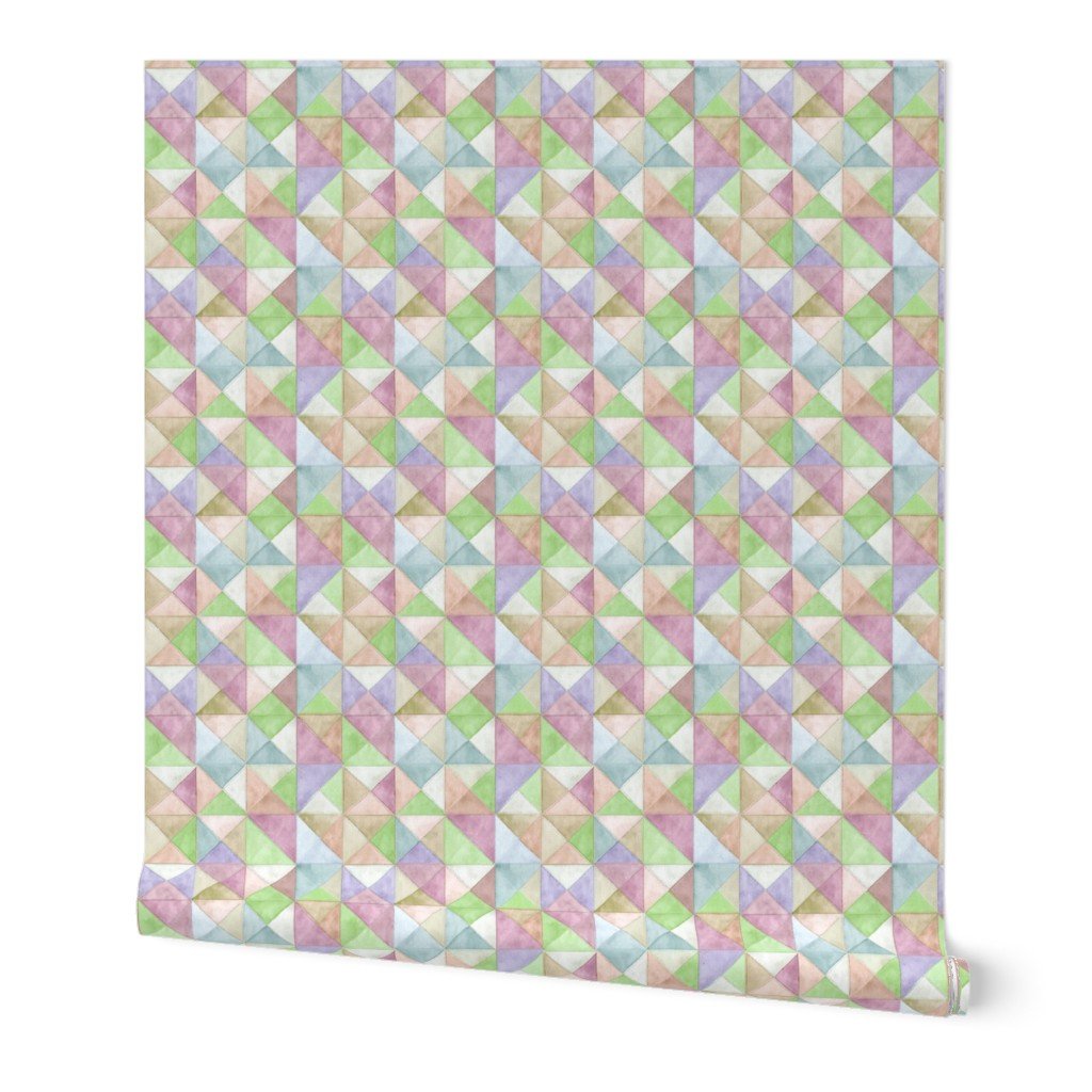 Soft Watercolor Quilted Patchwork Triangles in Spring Green and Wallpaper baby shower wallpaper