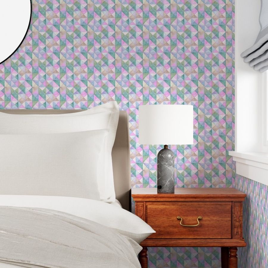 Soft Watercolor Quilted Patchwork Triangles in Pink Mint and Sage Wallpaper baby shower wallpaper